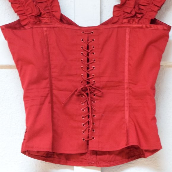 BEBE Red Silk Trim Ruffle Fiesta Lace Up Rear Cropped Corset Bustier | Size XS - Picture 6 of 7
